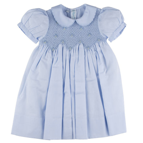 Scalloped Pearl Smocked Dress-Blue