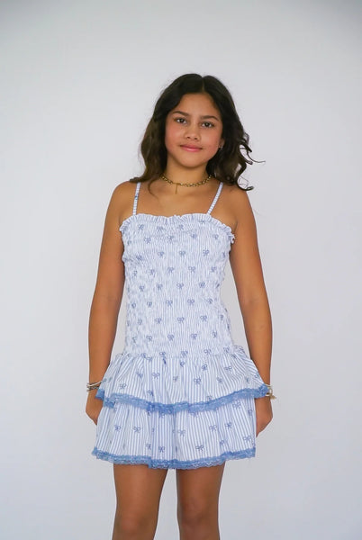 Blue Stripe Bow Dress-Flowers by Zoe-Fritz and Gigi