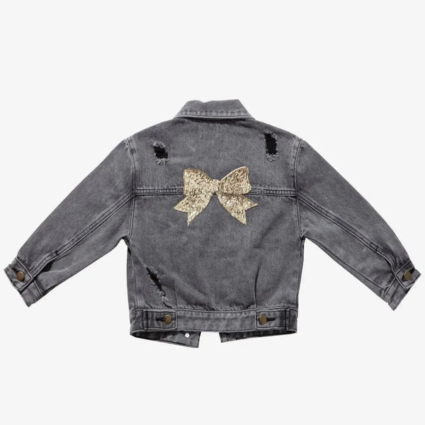 Patched Denim Jacket Black Bow-Petite Hailey-Fritz and Gigi