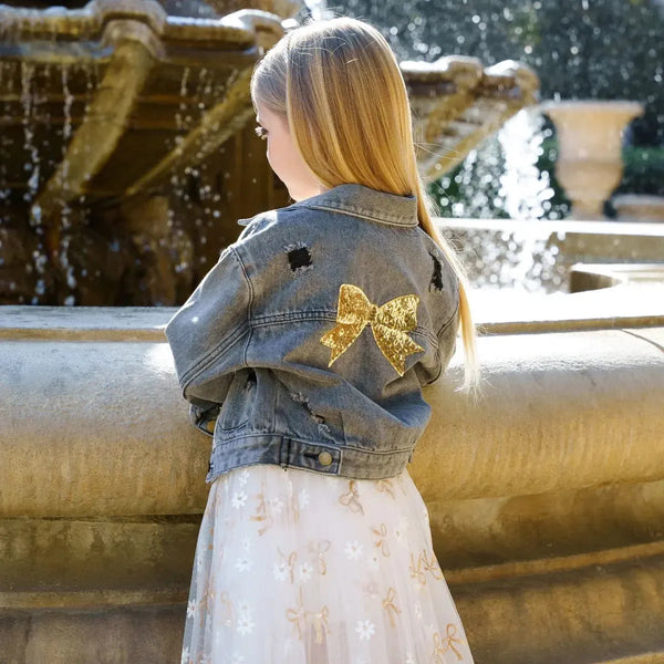 Patched Denim Jacket Black Bow-Petite Hailey-Fritz and Gigi