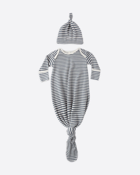 Knotted Baby Gown + Hat Set Ocean Stripe-Quincy Mae-Fritz and Gigi