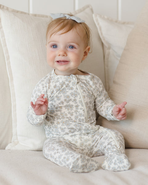 Bamboo Zip Footie Blue Floral-Quincy Mae-Fritz and Gigi