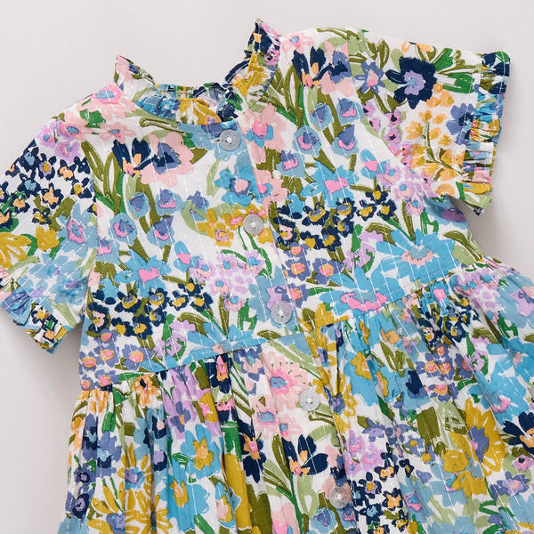 Girls Autumn Dress - Blue Large Sketched Floral-Pink Chicken-Fritz and Gigi