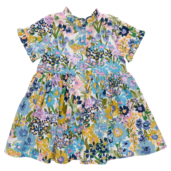 Girls Autumn Dress - Blue Large Sketched Floral-Pink Chicken-Fritz and Gigi