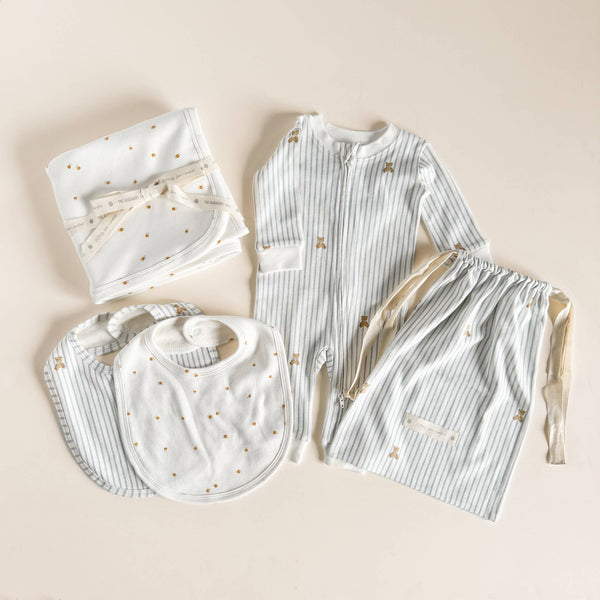 Organic Cotton Layette Bear Bee Baby Shower Welcome Gift : Blue