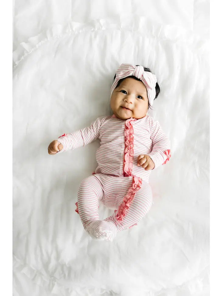 Pink Taffy Stripe Ruffle Footie