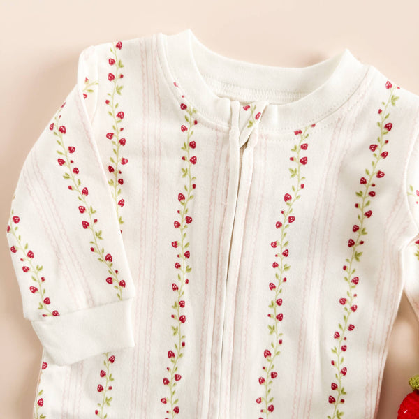 Organic Cotton Zipper Romper Strawberry Baby Zipper: Pink