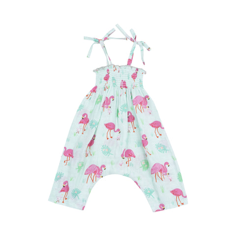 Flamingos Tie Strap Smocked Romper