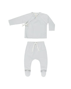 WRAP TOP + FOOTED PANT SET - SKY MICRO STRIPE